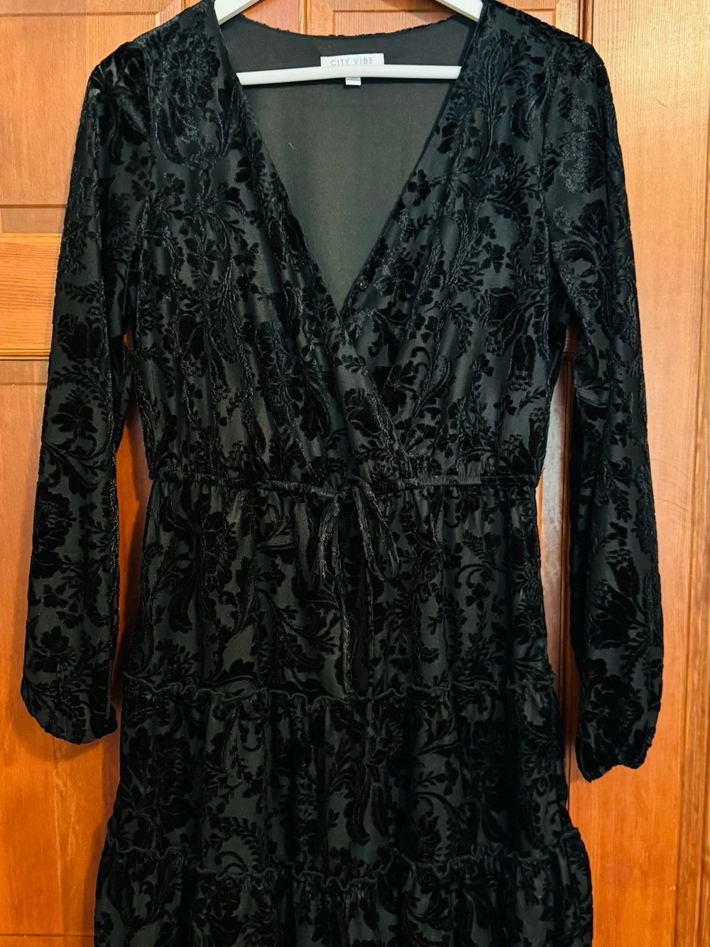 City Vibe Black Velvet Burnout Wrap Maxi Dress